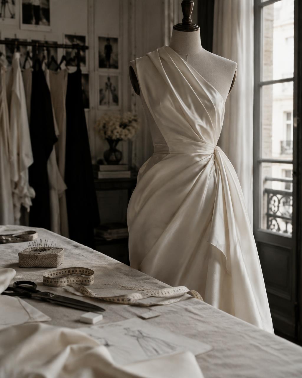 Ivory silk gown on a dress form in the atelier